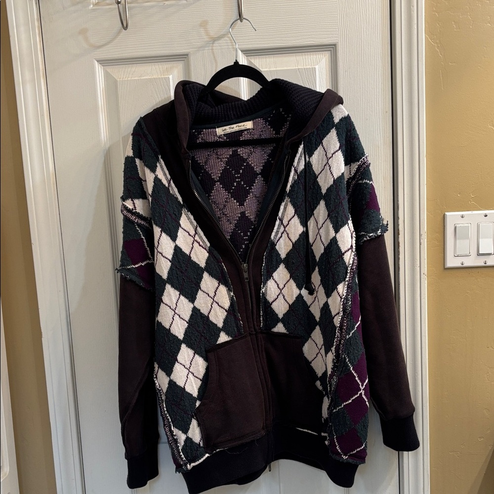 We The Free Roxy Cardigan Features  a Contrast Argyle Detailing. OVERSIZED